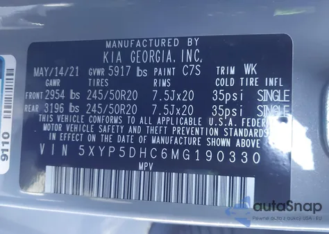 2021 Kia Telluride Sx z USA, uszkodzony, nr VIN 5XYP5DHC6MG190330